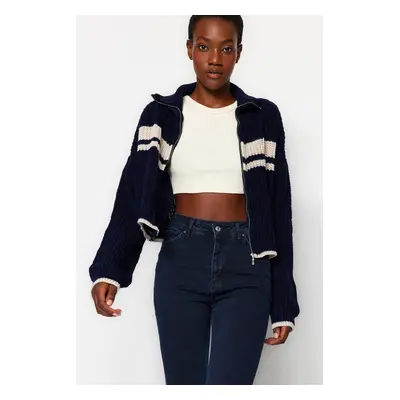 Trendyol Navy Blue Crop Color Block High Neck kötöttáru Cardigan