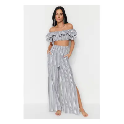 Trendyol Gray Striped Woven Frilly Blouse Trouser Suit