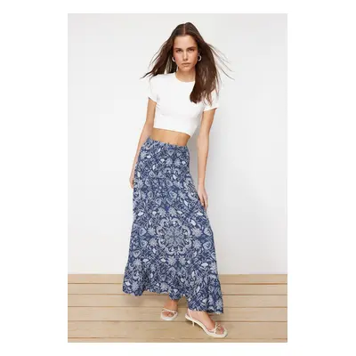 Trendyol Navy Blue Floral Patterned Ruffled A-line Midi Length Woven Skirt