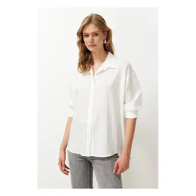 Trendyol Ecru Glitter Striped Oversize Wide Fit Woven Shirt