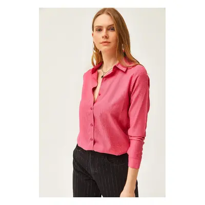 Olalook Women's Leopard Fuchsia Jacquard Satin Detailed Woven Shirt