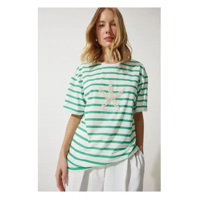 Happiness İstanbul Women's Green White Striped Star Pearl Embroidered Oversize Knitted T-Shirt