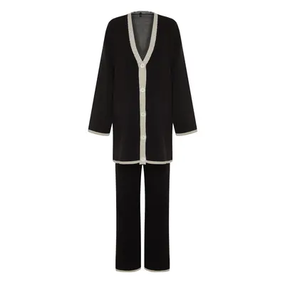 Trendyol Black Striped Oversize Knitwear Cardigan Trousers Top and Bottom Set