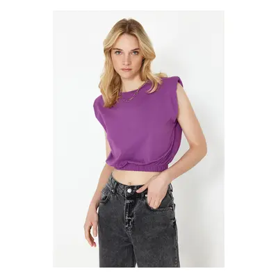 Trendyol Purple 100% Cotton Padded Crop Crew Neck Knitted T-Shirt