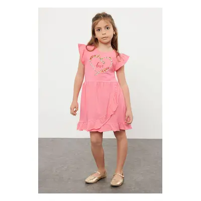 Trendyol Fuchsia Girl's Heart Patterned Ruffle Detailed Knitted Dress