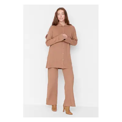 Trendyol Camel Slit Detailed Cardigan-Pants Knitwear Suit