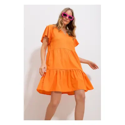 Trend Alaçatı Stili Women's Orange V-Neck Tiered Flounce Woven Dress