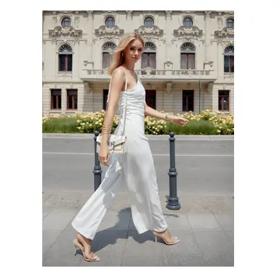 Elegant one-shoulder jumpsuit with ecru wide legs