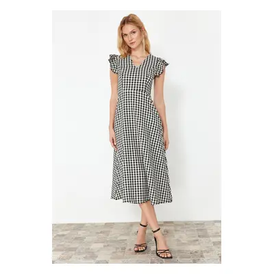 Trendyol Black Checkered A-Line Gipe Detailed Midi Woven Dress