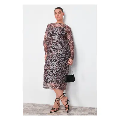 Trendyol Curve Multicolored Leopard Patterned Tulle Midi Knitted Dress