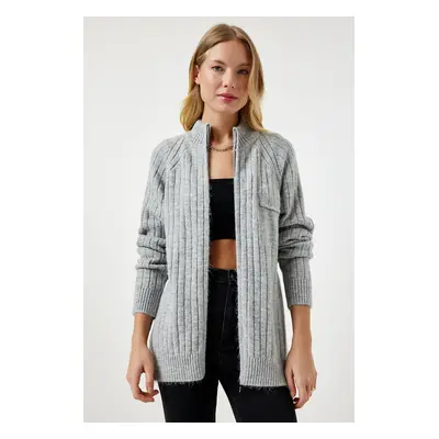 Happiness İstanbul Women's Gray Zippered Knitwear Cardigan