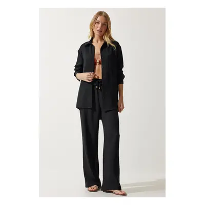 Happiness İstanbul Women's Black Oversize Shirt Wide Trousers Suit