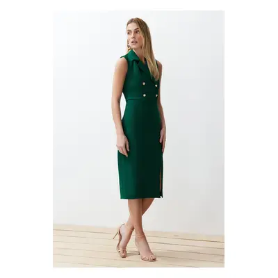 Trendyol Emerald Green Fitted Button Detailed Slit Midi Pencil Skirt Woven Dress