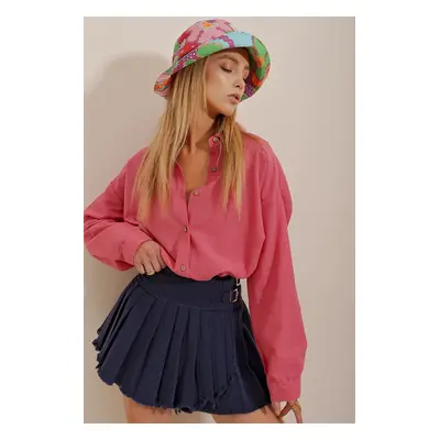 Trend Alaçatı Stili Women's Fuchsia Oversize Linen Shirt