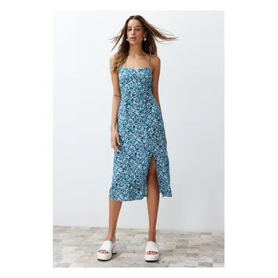 Trendyol Blue Floral Print Straight Cut Back Detailed Woven Dress