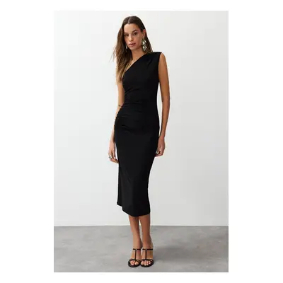 Trendyol Black One Shoulder Draped Fitted Flexible Knitted Midi Pencil Dress