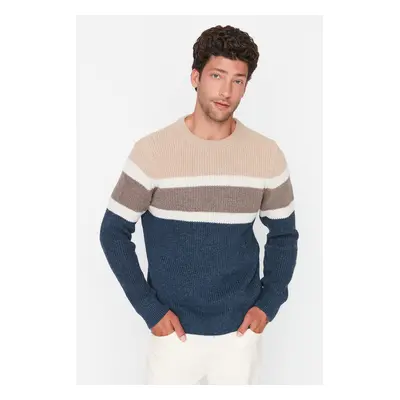 Trendyol Beige Slim Fit Crew Neck Paneled Knitwear Sweater