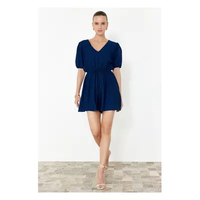 Trendyol Navy Blue Elastic Waist V-Neck Linen Look Mini Woven Jumpsuit