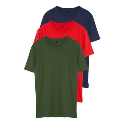 Trendyol Dark Navy-Khaki-Red Slim/Slim Cut Crew Neck 100% Cotton 3-Pack T-Shirt