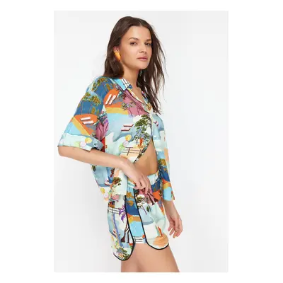 Trendyol Landscape Patterned Woven Shirt Shorts Set