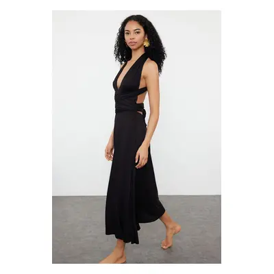 Trendyol Black Midi Knitted Tie Beach Dress