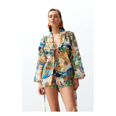 Trendyol Tropical Patterned Belted Woven 100% Cotton Kimono Shorts Set