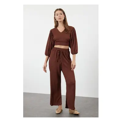 Trendyol Dark Brown Textured Fabric Relaxed Flexible Blouse Trousers Knitted Bottom-Top Set