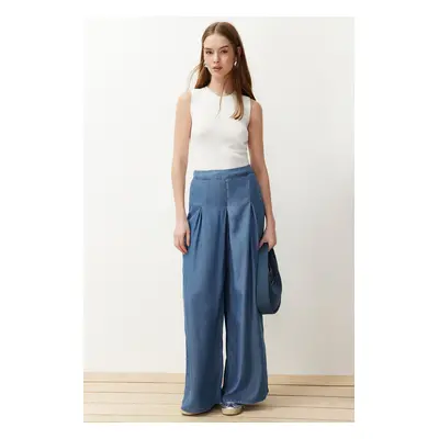 Trendyol Dark Blue 100% Tencel™ Pleated High Waist Wide Leg Jeans