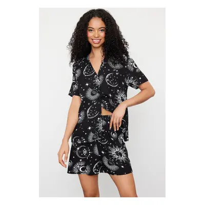 Trendyol Women's Couple Black Galaxy Patterned Viscose Woven Pajama Set