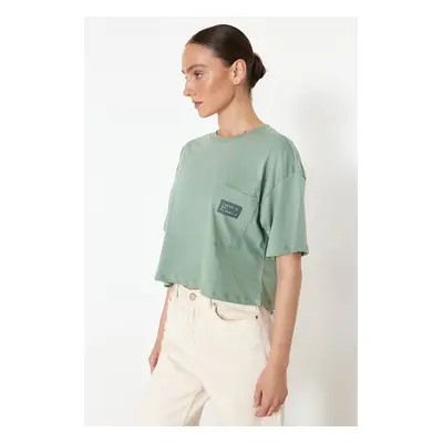 Trendyol Mint More Sustainable 100% Cotton Relaxed Crop Pocket and Printed Knitted T-Shirt