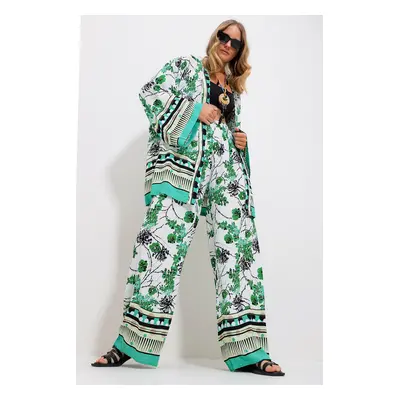 Trend Alaçatı Stili Women's Green-White Kimono Jacket and Palazzo Pants Set