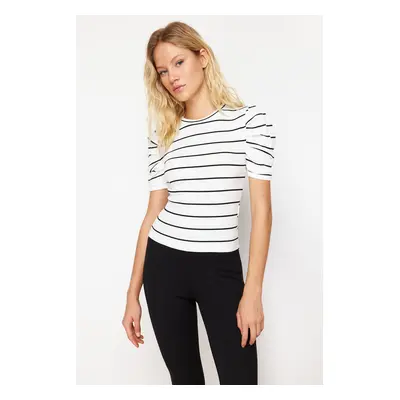 Trendyol White Striped Fitted Balloon Sleeve Ribbed Stretchy Knitted Blouse