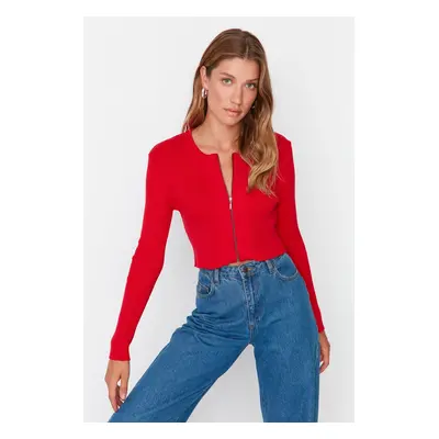 Trendyol Red Crop cipzár 100% pamut alap kötöttáru Cardigan