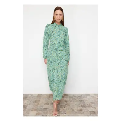 Trendyol Emerald Green Patterned Belted Stand Collar Lined Chiffon Woven Dress