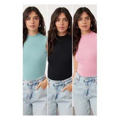 Trendyol Black-Pink-Mint 3-Pack Fitted Flexible Knitted Blouse