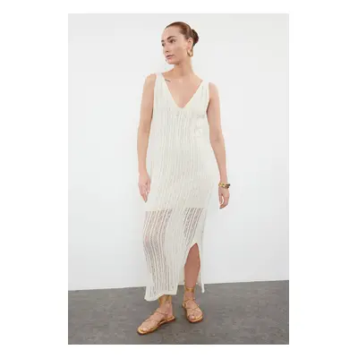 Trendyol Ecru Openwork V-Neck Openwork/Perforated Knitwear Dress