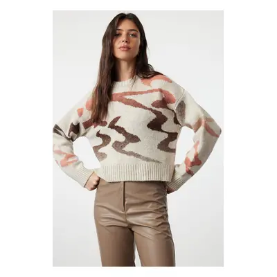 Trendyol Beige Soft Texture Abstract Patterned Knitwear Sweater