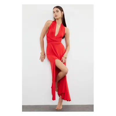 Trendyol Red Belted Maxi Knitted Tie Beach Dress