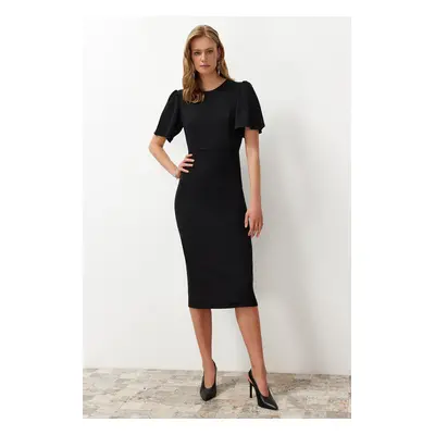 Trendyol Black A-Line Midi Pencil Skirt Woven Dress with Pleat Detail on the Sleeve