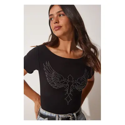 Happiness İstanbul Women's Black Wing Embroidered Viscose Knitted T-Shirts