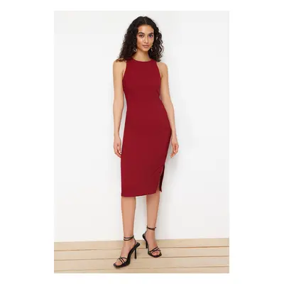 Trendyol Claret Red Straight Cut Crew Neck Midi Pencil Skirt Woven Dress