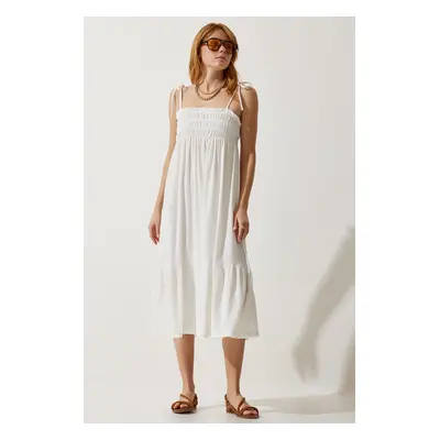 Happiness İstanbul Women's White Strappy Crinkle Summer Knitted Dress