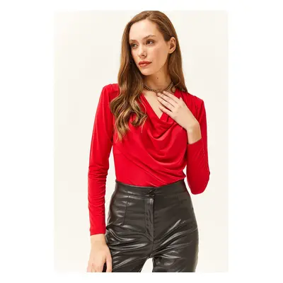 Olalook Women's Red Waistband Pleated Roll Up Collar Blouse