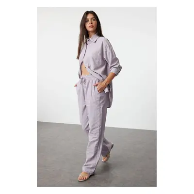 Trendyol Lilac Linen Blend High Waist Striped Wide Leg Trousers