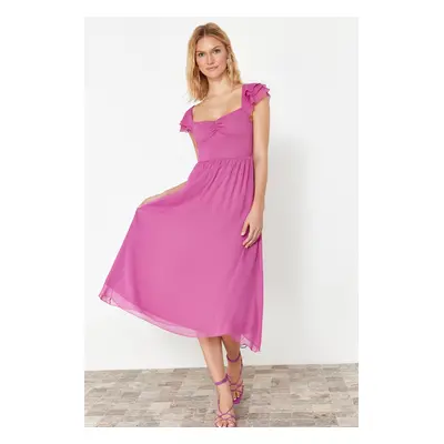 Trendyol Fuchsia Waist Opening Chiffon Lined Midi Woven Dress