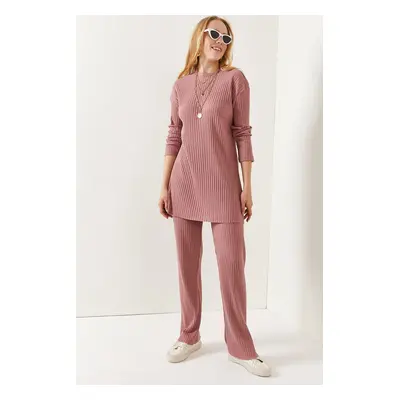 Olalook Women's Dusty Rose Top Slit Blouse Bottom Palazzo Corded Suit