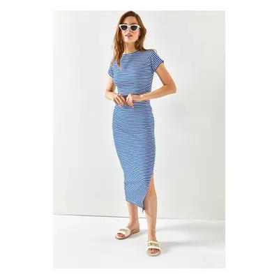 Olalook Women's Striped Saxe Blue Short Sleeve Slit Skirted Lycra Suit