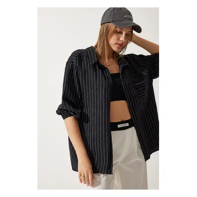 Happiness İstanbul Women's Black Striped Pocket Viscose Shirt