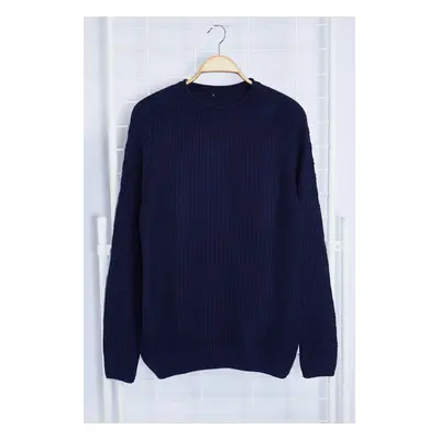 Trendyol Navy Blue Slim Fit Crew Neck Textured Knitwear Sweater