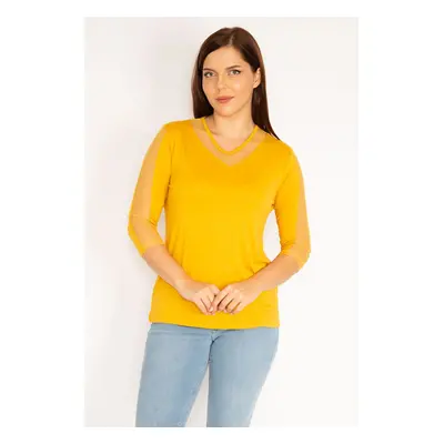 Şans Women's Plus Size Mustard Viscose Blouse With Tulle Detail